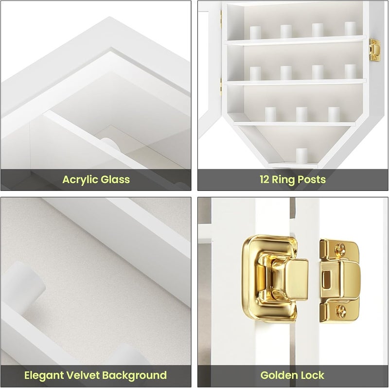 TJMOREE Championship Ring Display Case, 12 Ring Posts Baseball Ring Display Case, Wall Mount Wooden Glass Shadow Box with Locks to Show Sport, Class, Fraternity, and Award Rings - White - Image 3
